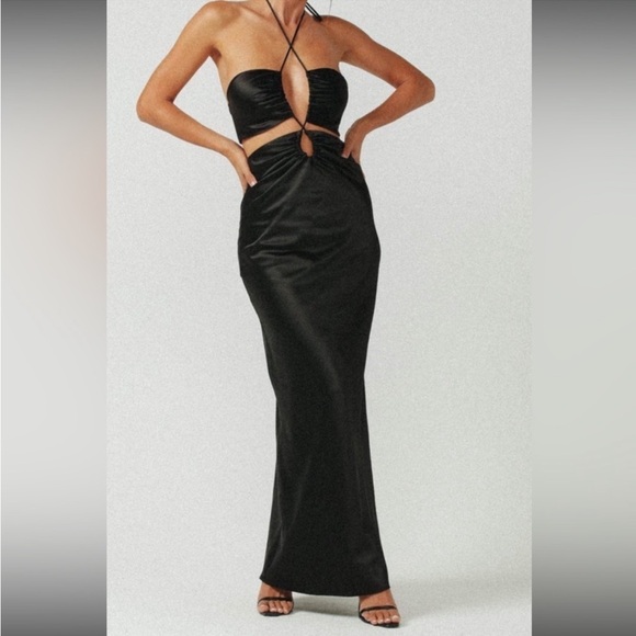 Jgr & Stn Black Soft Satin Ruby Maxi Dress Cutout Halter Size 6 - Picture 1 of 9